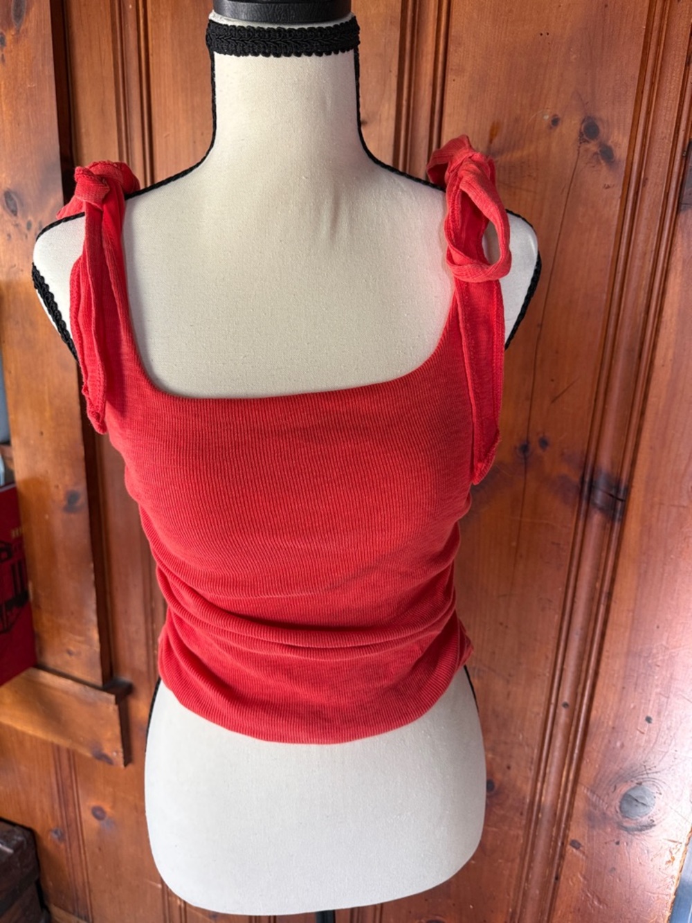 Free People Red Tie-Shoulder Ribbed Tank